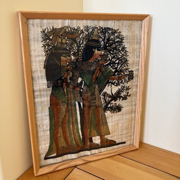 Egyptian Papyrus Framed Painting Royals at Tree of Life Wood Frame 12x15" - Picture 3 of 5